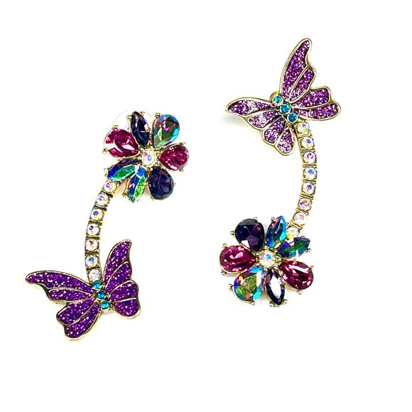 Betsey Johnson EARRINGS Dangle Drop Butterfly Flower Crystal Stone Stud Posts - Picture 4 of 7